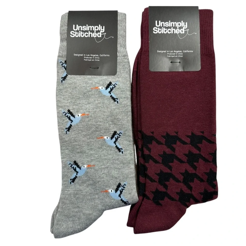 UNSIMPLY STITCHED Novelty Socks 2-Pairs Grey Blue Bird & Burgundy Houndstooth